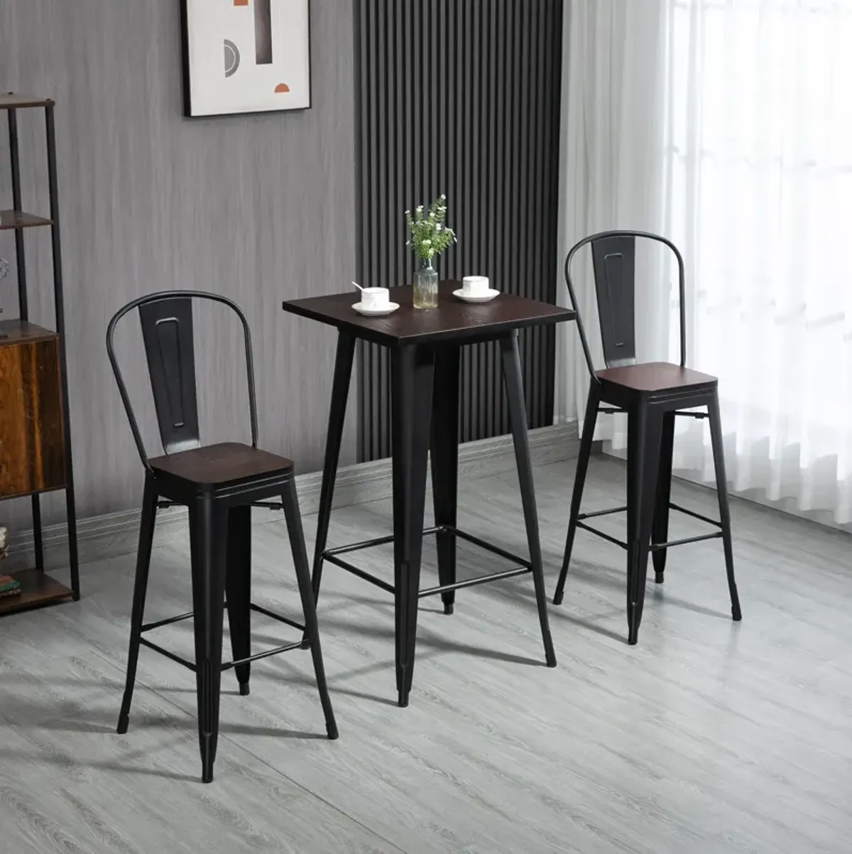 HOMCOM 3 Piece Industrial Dining Table Set, Bar Height Bar Table and Chairs Set with Footrests for Bistro, Pub, Black, and Brown