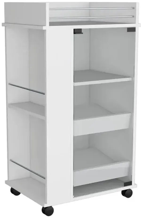 Lansing Bar Cart with Glass Door, 2-Side Shelves and Casters, White