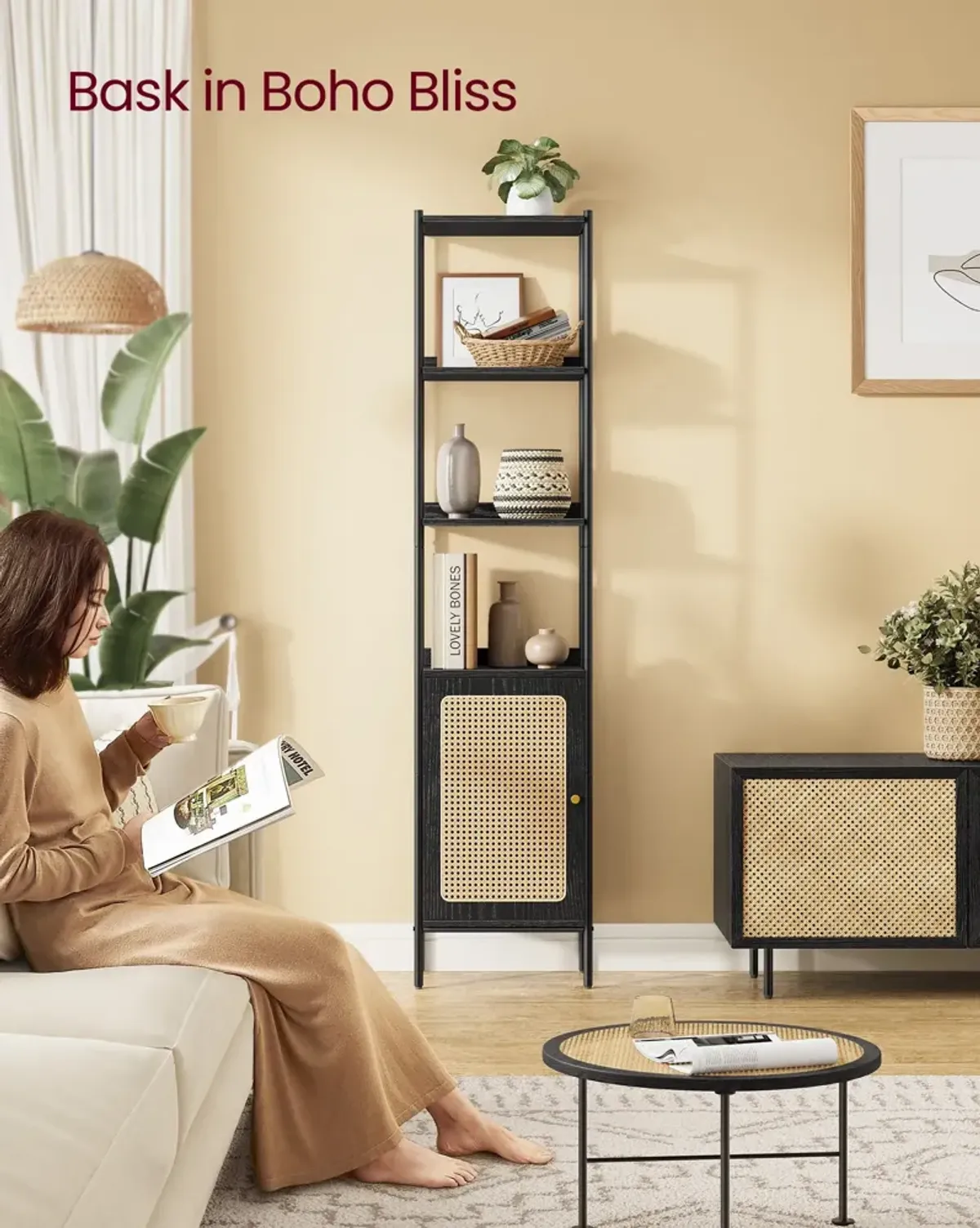 Bookcase with Rattan-Like Doors for Stylish Storage and Decorative Charm