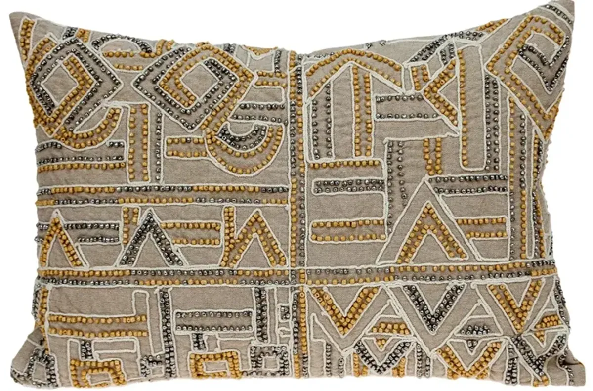 20" Beige and Yellow Embroidered Rectangular Throw Pillow