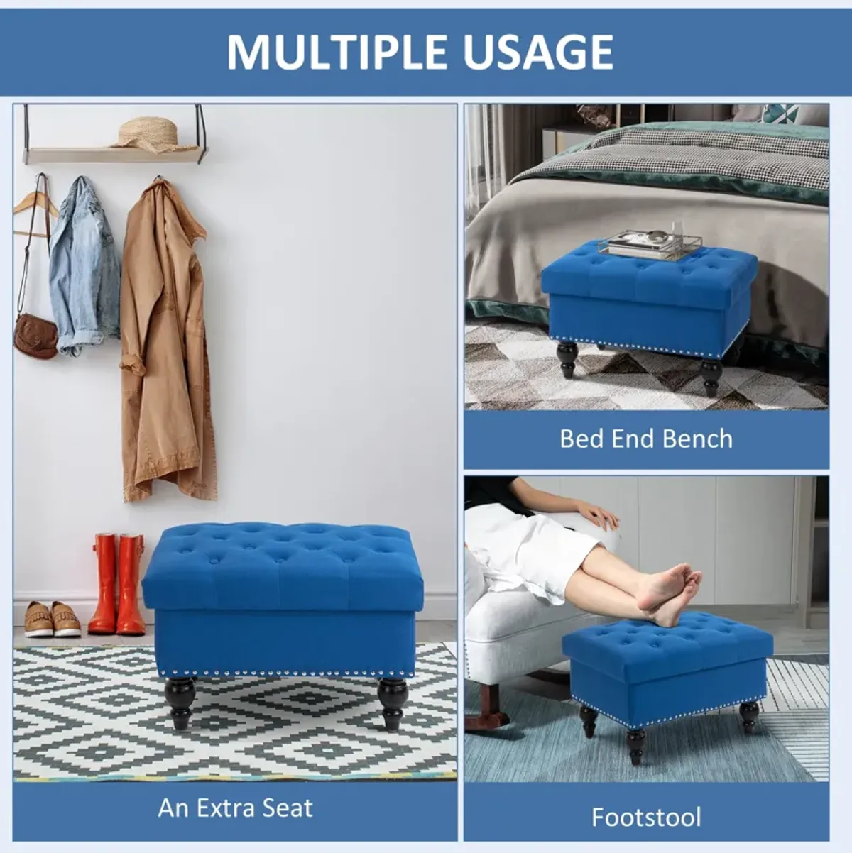 Blue Versatile Seating: 25" Tufted Storage Ottoman with Wood Legs