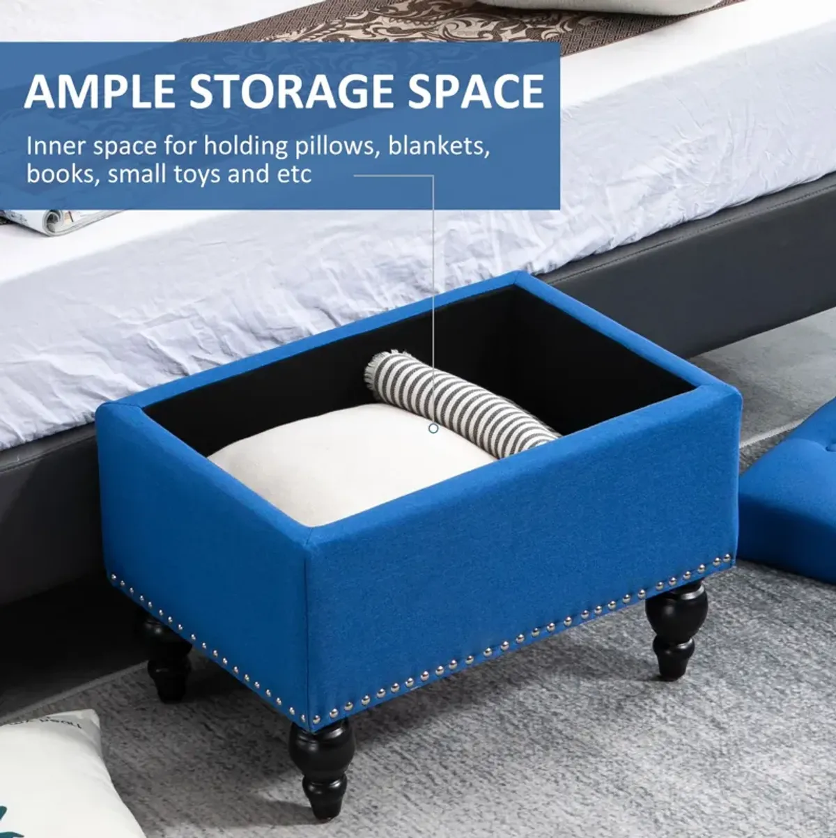 Blue Versatile Seating: 25" Tufted Storage Ottoman with Wood Legs