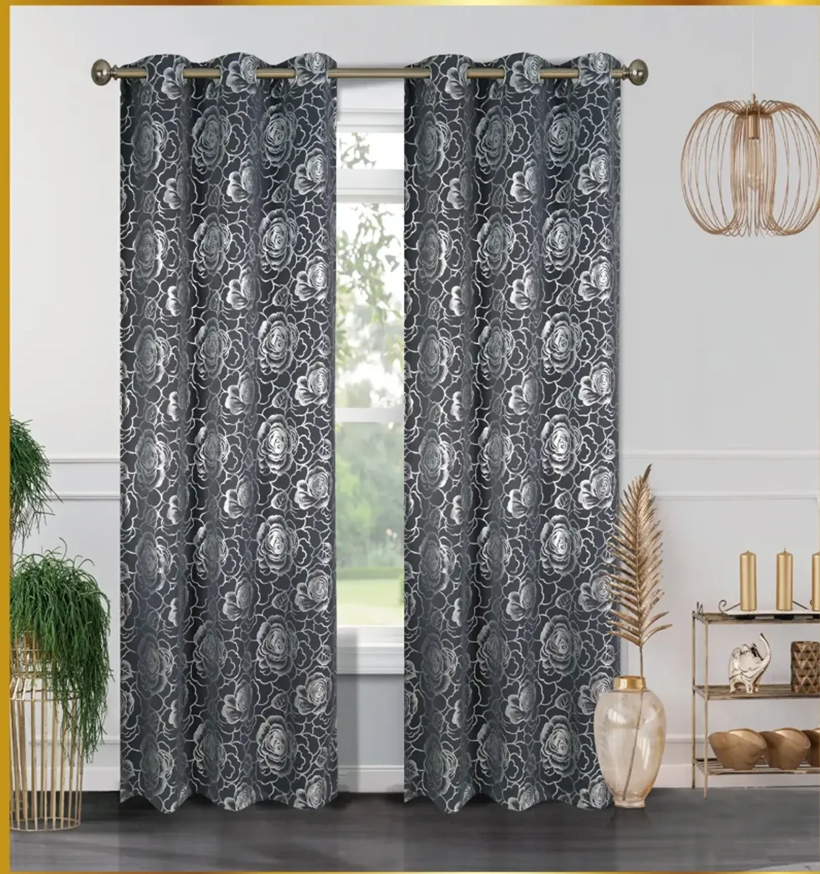 Floral Metallic Blackout Thermal Grommet Curtain Panels (Set of 2)