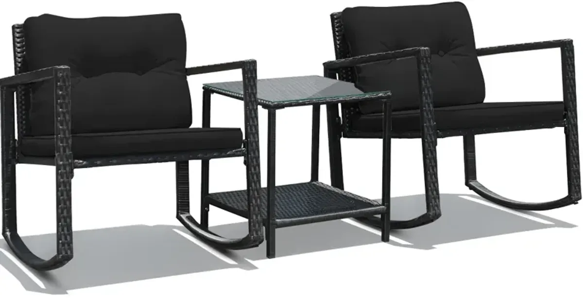 3 Pieces Cushioned Patio Rattan Set with Rocking Chair and Table-Black