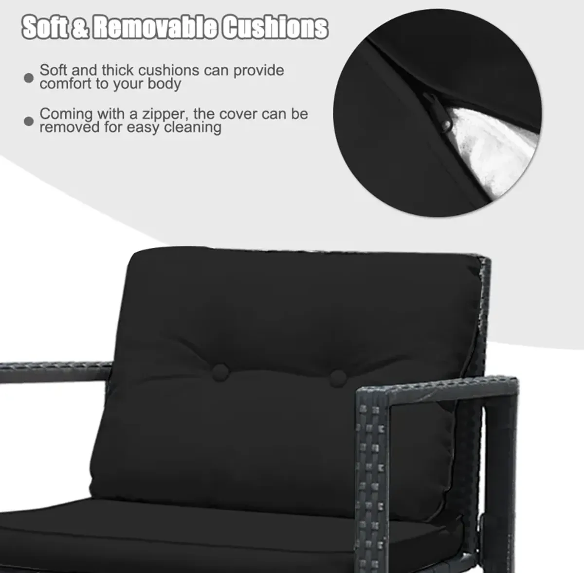 3 Pieces Cushioned Patio Rattan Set with Rocking Chair and Table-Black