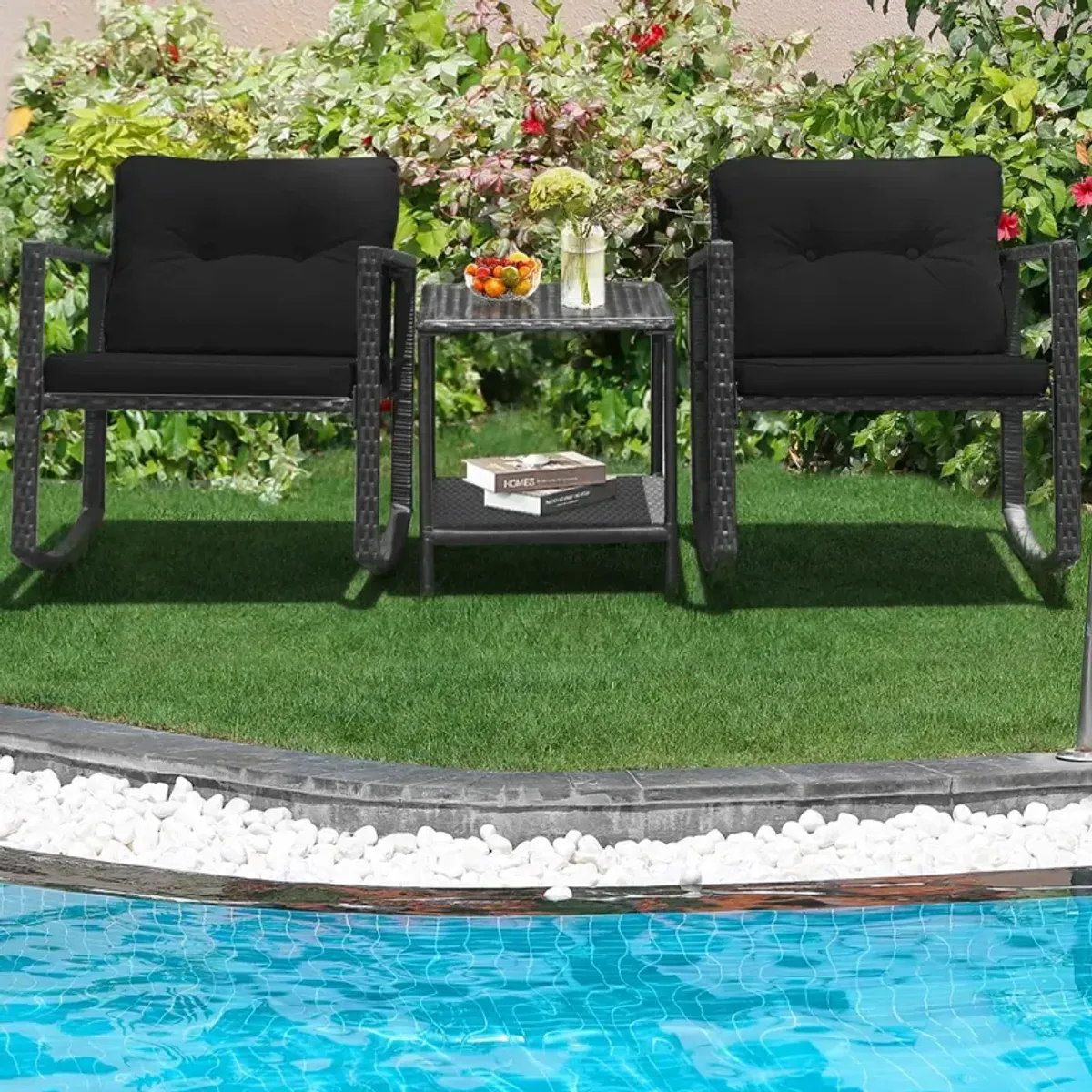 3 Pieces Cushioned Patio Rattan Set with Rocking Chair and Table-Black