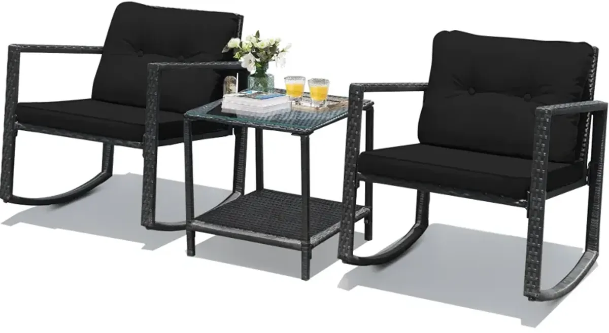 3 Pieces Cushioned Patio Rattan Set with Rocking Chair and Table-Black