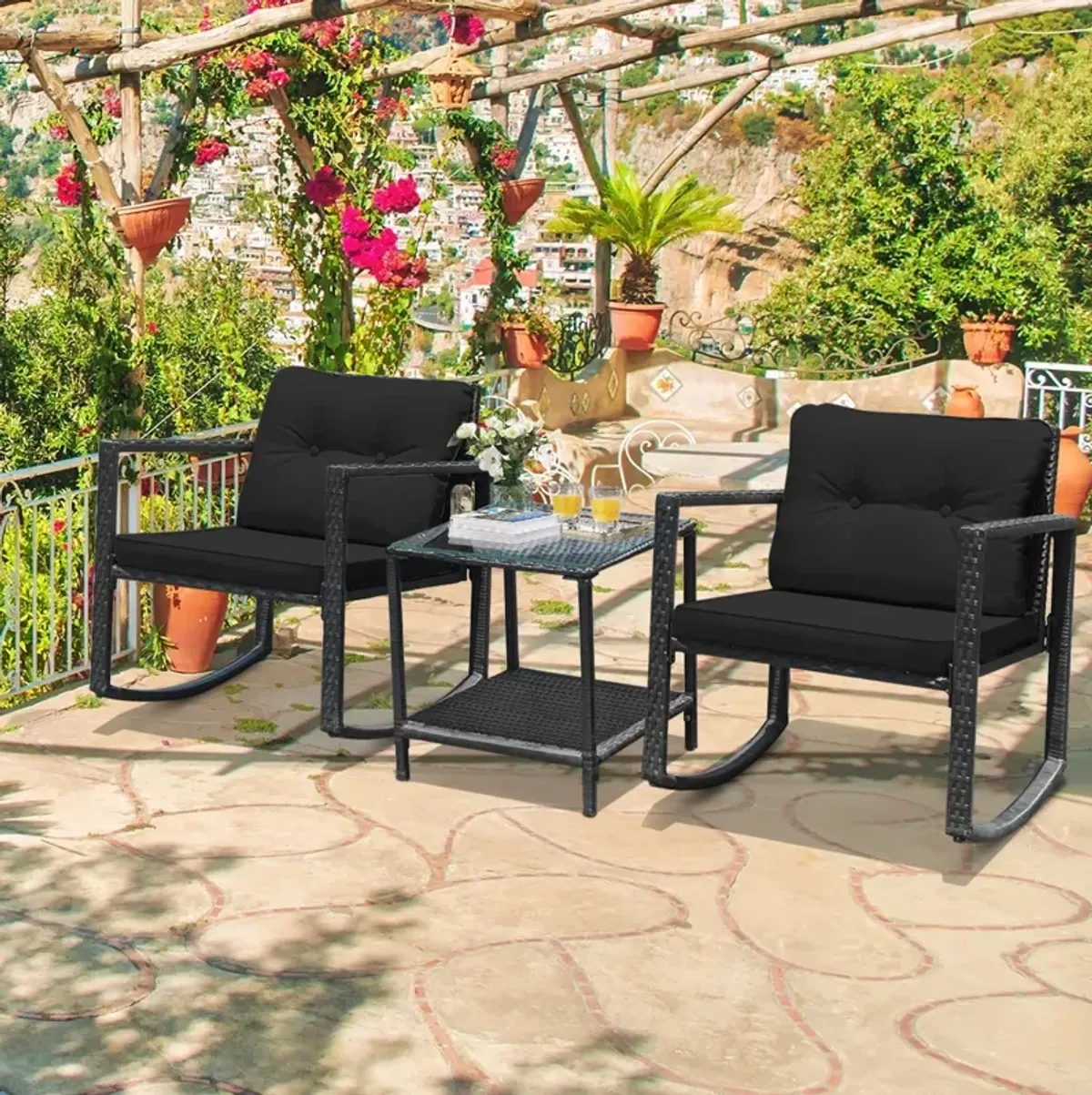 3 Pieces Cushioned Patio Rattan Set with Rocking Chair and Table-Black