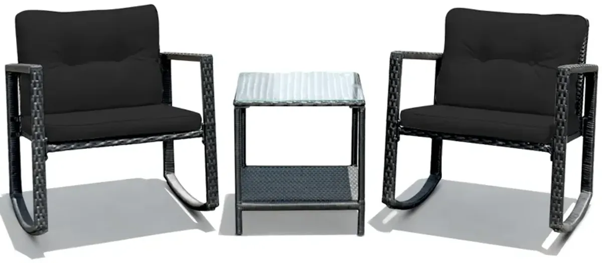 3 Pieces Cushioned Patio Rattan Set with Rocking Chair and Table-Black