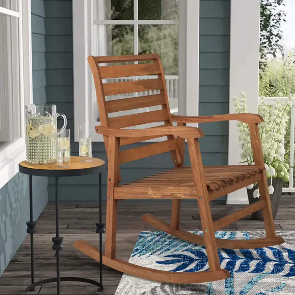 Carey Modern Slat Back Acacia Wood Patio Outdoor Rocking Chair