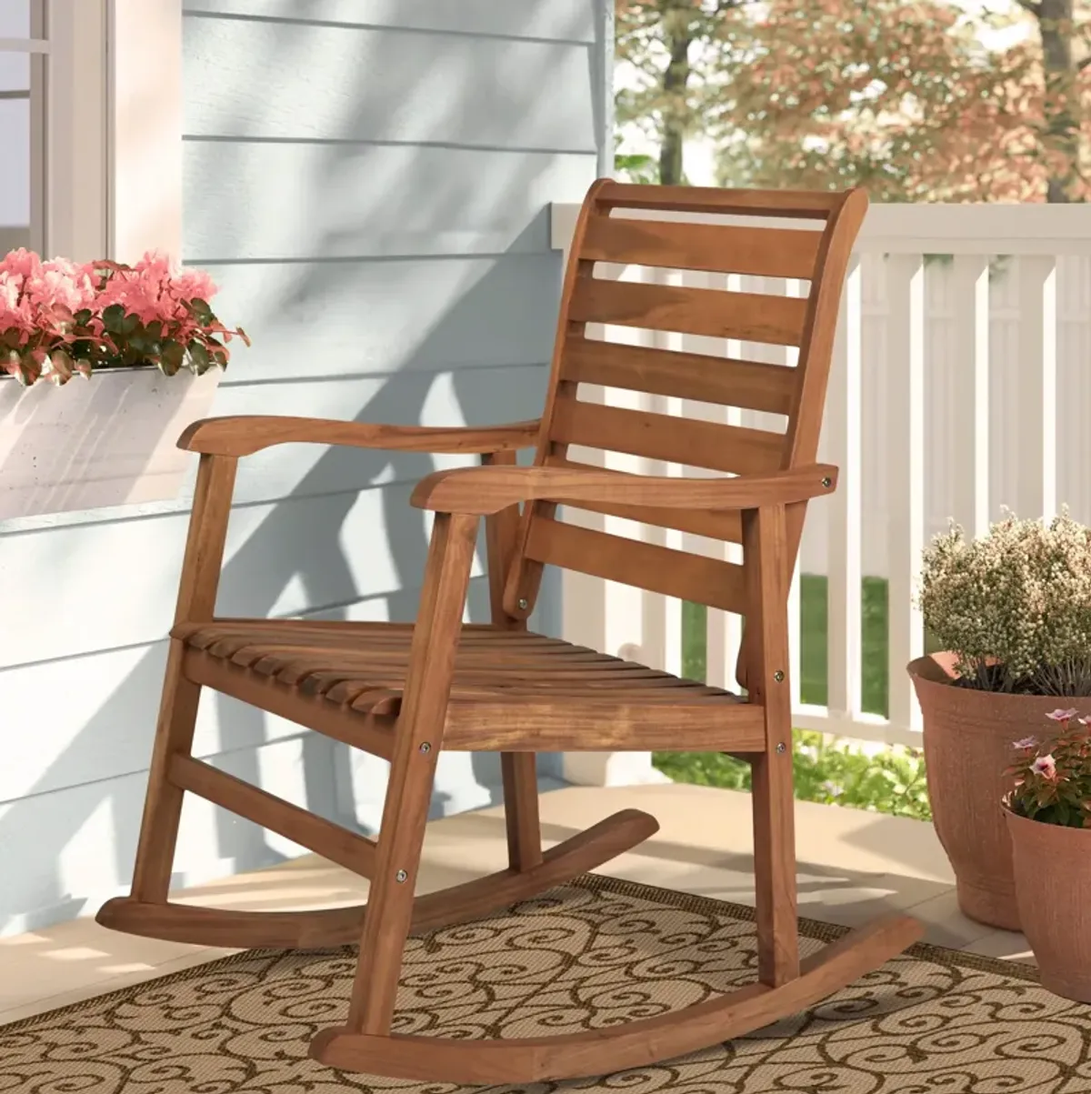 Carey Modern Slat Back Acacia Wood Patio Outdoor Rocking Chair