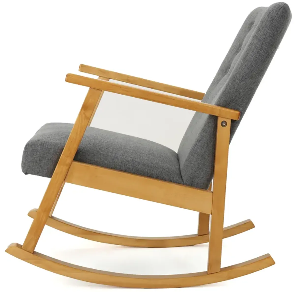 Maze Rocking Chair, Mid-Century Brown Rubberwood, Tufted Gray Fabric - Benzara