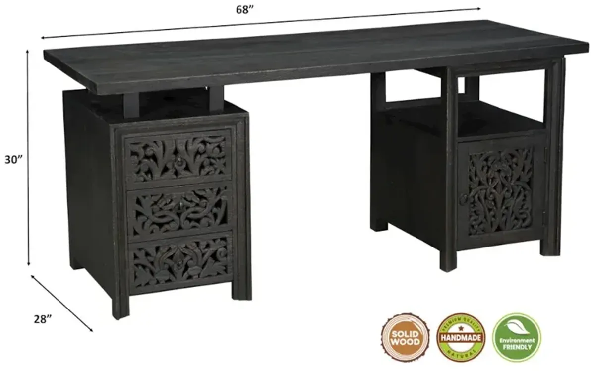 Taran Designs Calista 3-drawer 1-door Floral Carved Solid Wood Desk
