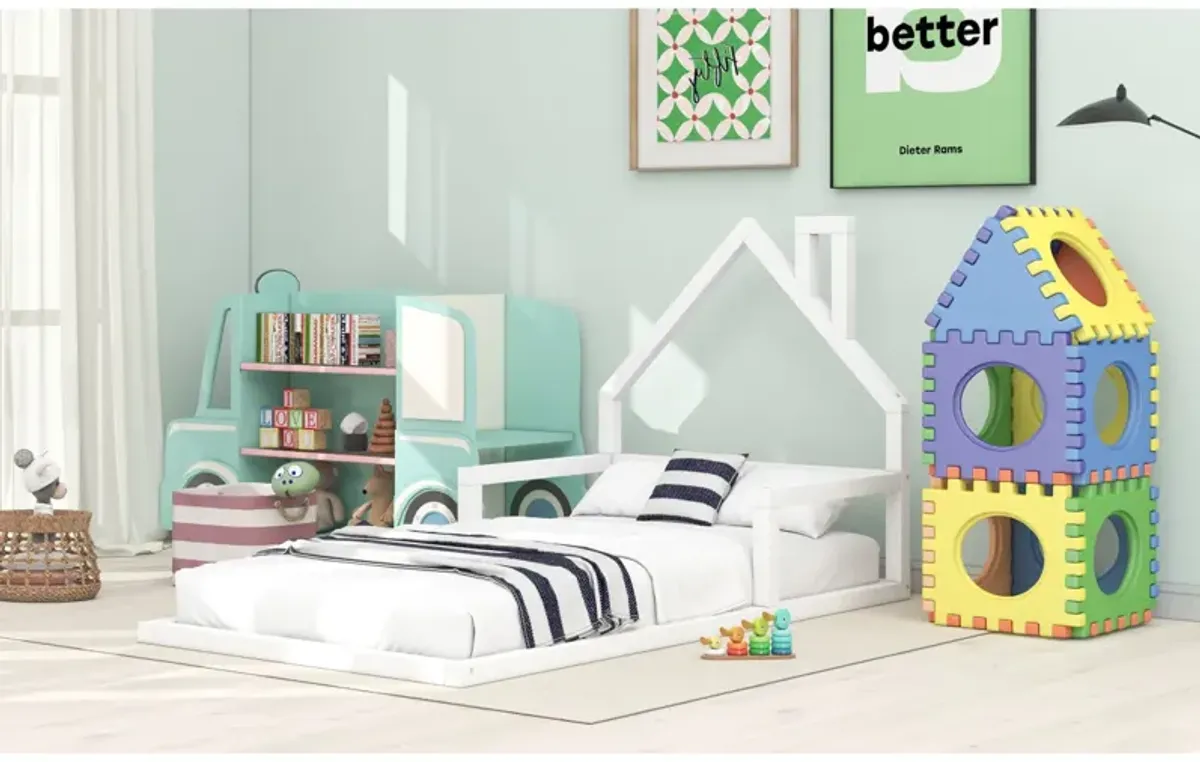 Twin Size Wood Floor Bed With House-Shaped Headboard