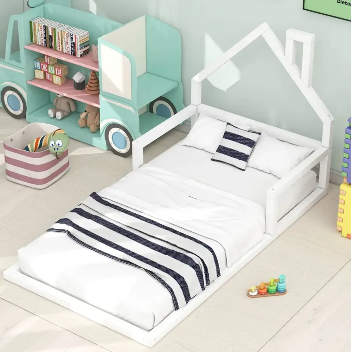 Twin Size Wood Floor Bed With House-Shaped Headboard