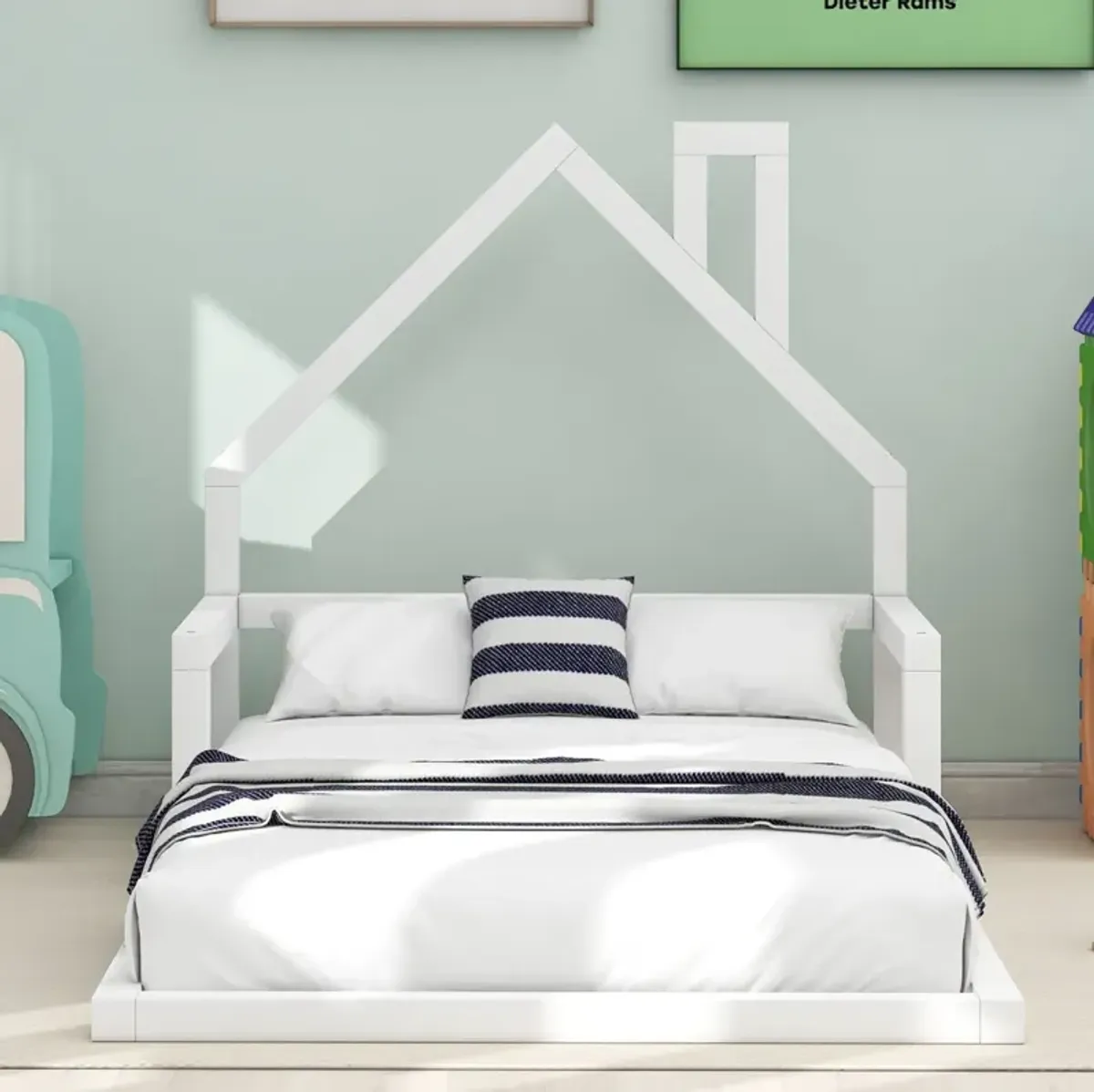 Twin Size Wood Floor Bed With House-Shaped Headboard