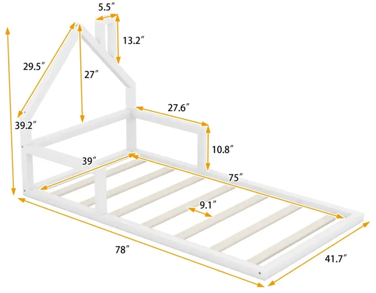Twin Size Wood Floor Bed With House-Shaped Headboard