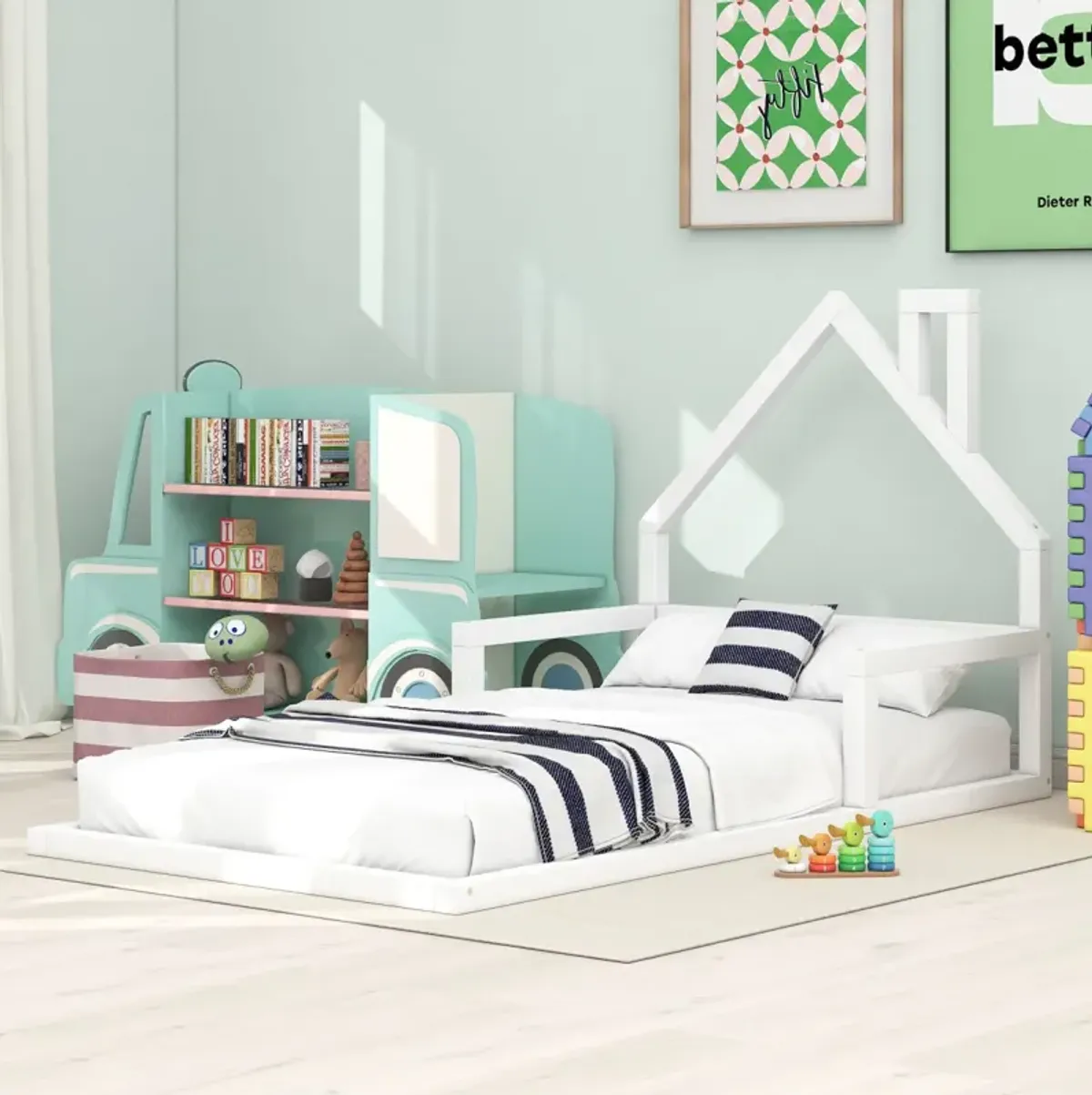 Twin Size Wood Floor Bed With House-Shaped Headboard