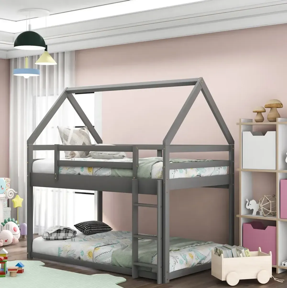 Merax Low Bunk Bed,House Bed with Ladder