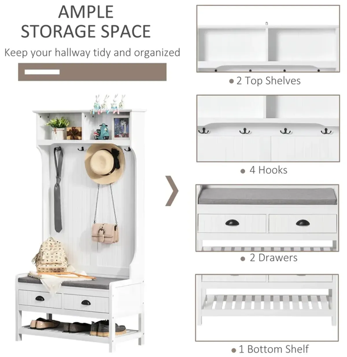 HOMCOM 3-in-1 Hall Tree, Entryway Bench with Coat Rack, Mudroom Bench with Shoe Rack, 2 Storage Drawers, 4 Hooks and Padded Seat Cushions for Hallway, Gray