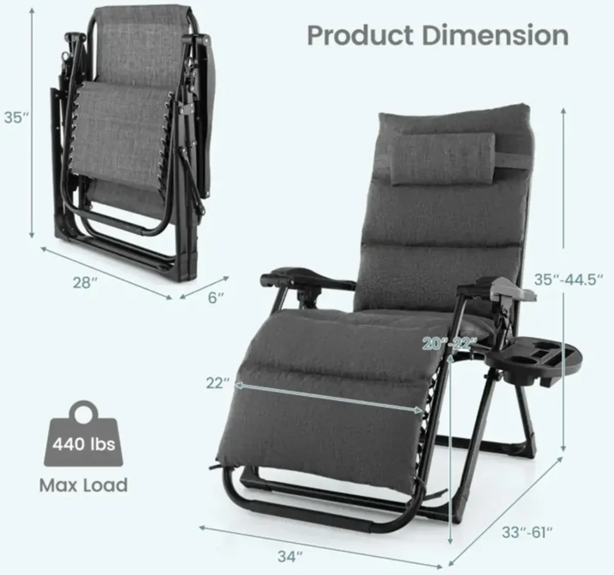 Hivvago Adjustable Metal Zero Gravity Lounge Chair with Removable Cushion and Cup Holder Tray