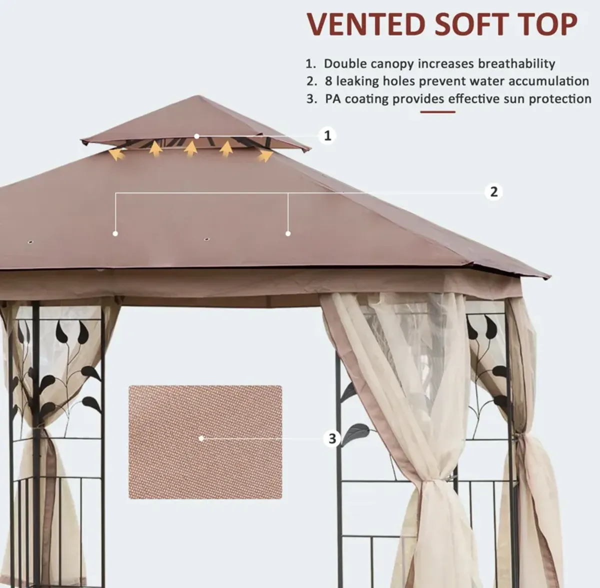 Brown Backyard Retreat: 10'x10' Gazebo with Curtains and Netting