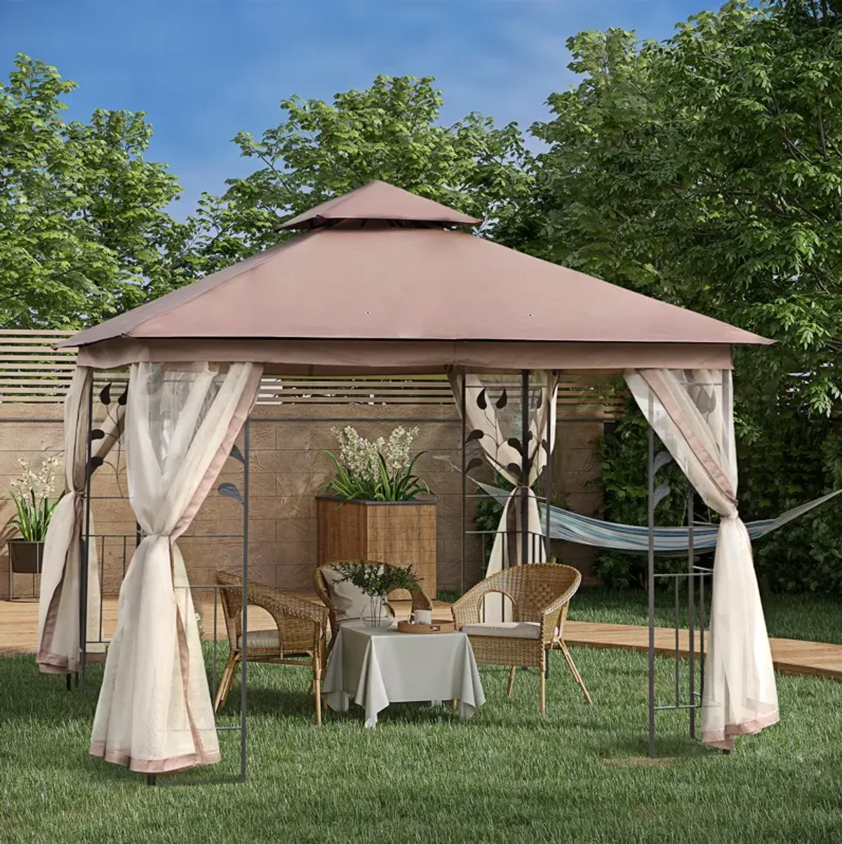 Brown Backyard Retreat: 10'x10' Gazebo with Curtains and Netting