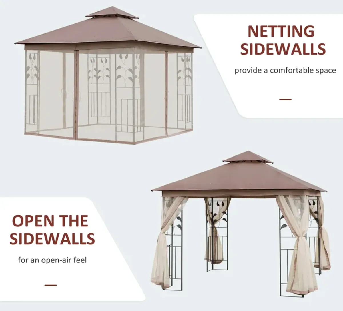 Brown Backyard Retreat: 10'x10' Gazebo with Curtains and Netting