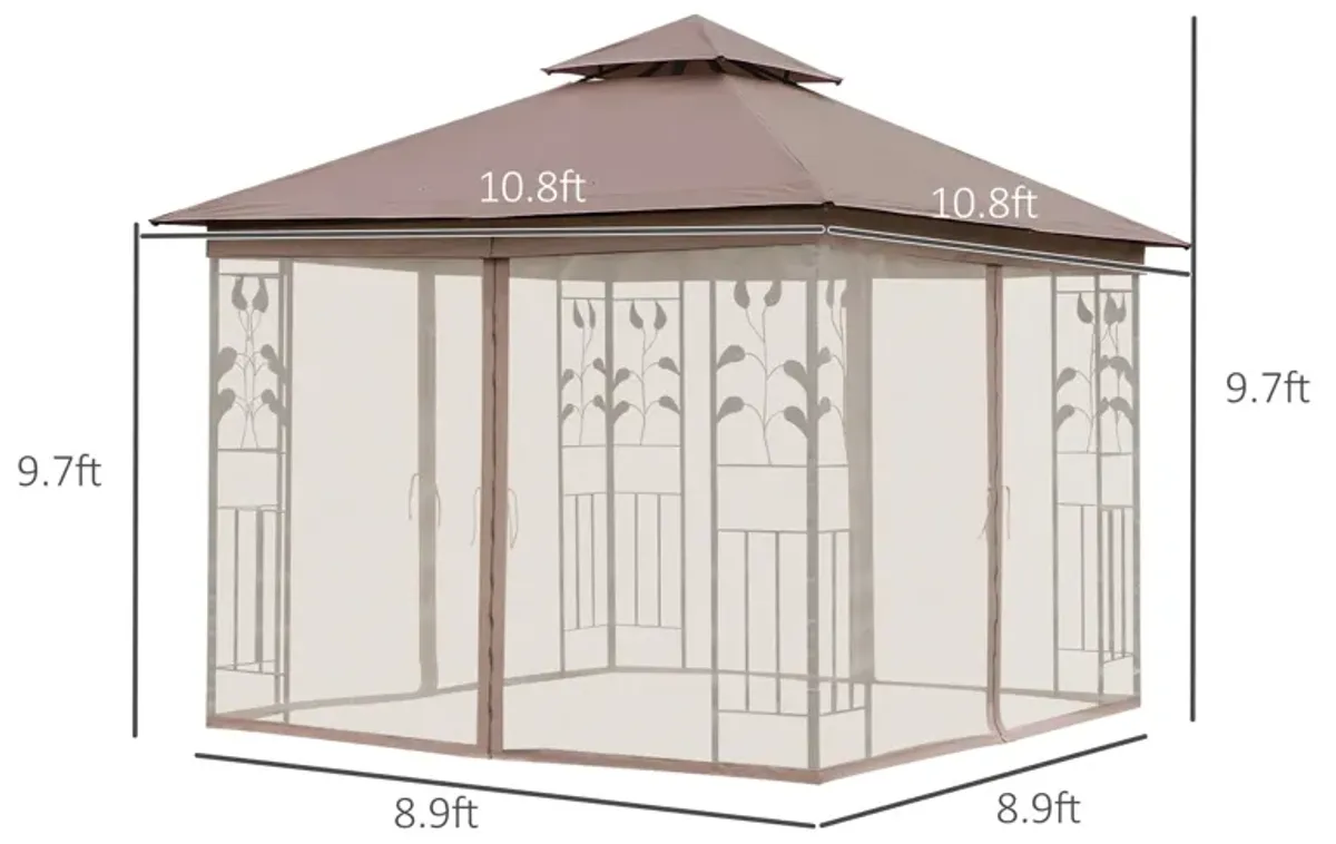 Brown Backyard Retreat: 10'x10' Gazebo with Curtains and Netting