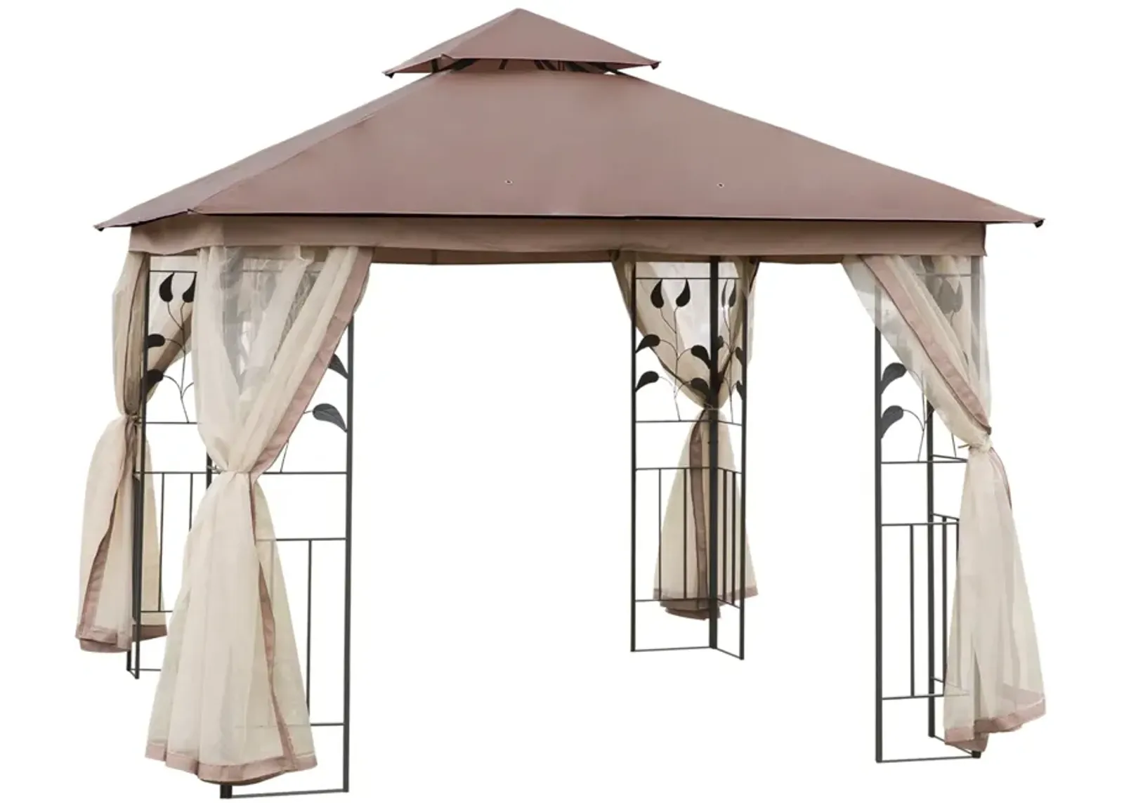 Brown Backyard Retreat: 10'x10' Gazebo with Curtains and Netting