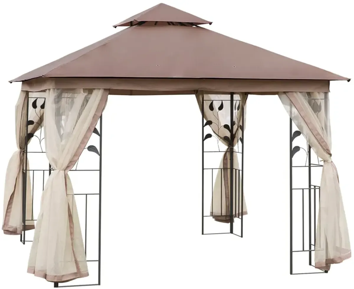 Brown Backyard Retreat: 10'x10' Gazebo with Curtains and Netting