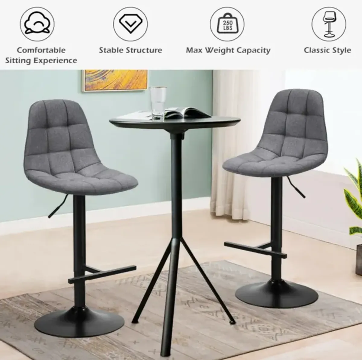 Hivvago 2 Pieces Adjustable Bar Stools Swivel Counter Height Linen Chairs