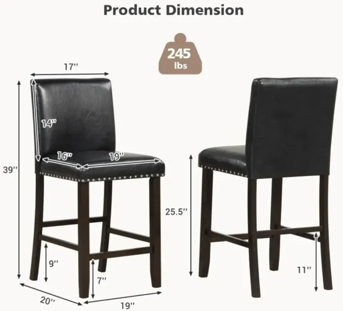 Hivvago Set of 2 PVC Leather Bar Stools with Back for Kitchen Island