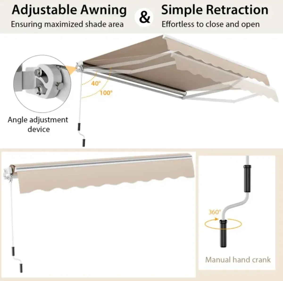 Hivvago Outdoor Manual Retractable Awning Cover Shelter Patio Sun Shade