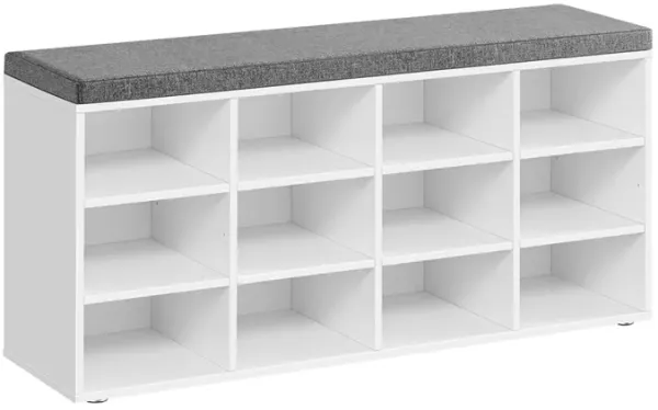 Lyne 41 Inch Shoe Storage Bench, 12 Square Shelves, Gray Sponge, White Wood - Benzara