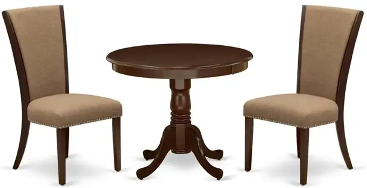 East West Furniture 3 Pc Kitchen Dining Set - 2 Light Sable Linen Fabric Parson Dining Chairs with High Back and 1 Modern Kitchen Table - Mahogany Finish