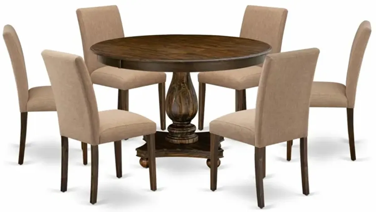 East West Furniture F2AB7-747 7Pc Dining Set - Round Table and 6 Parson Chairs - Distressed Jacobean Color