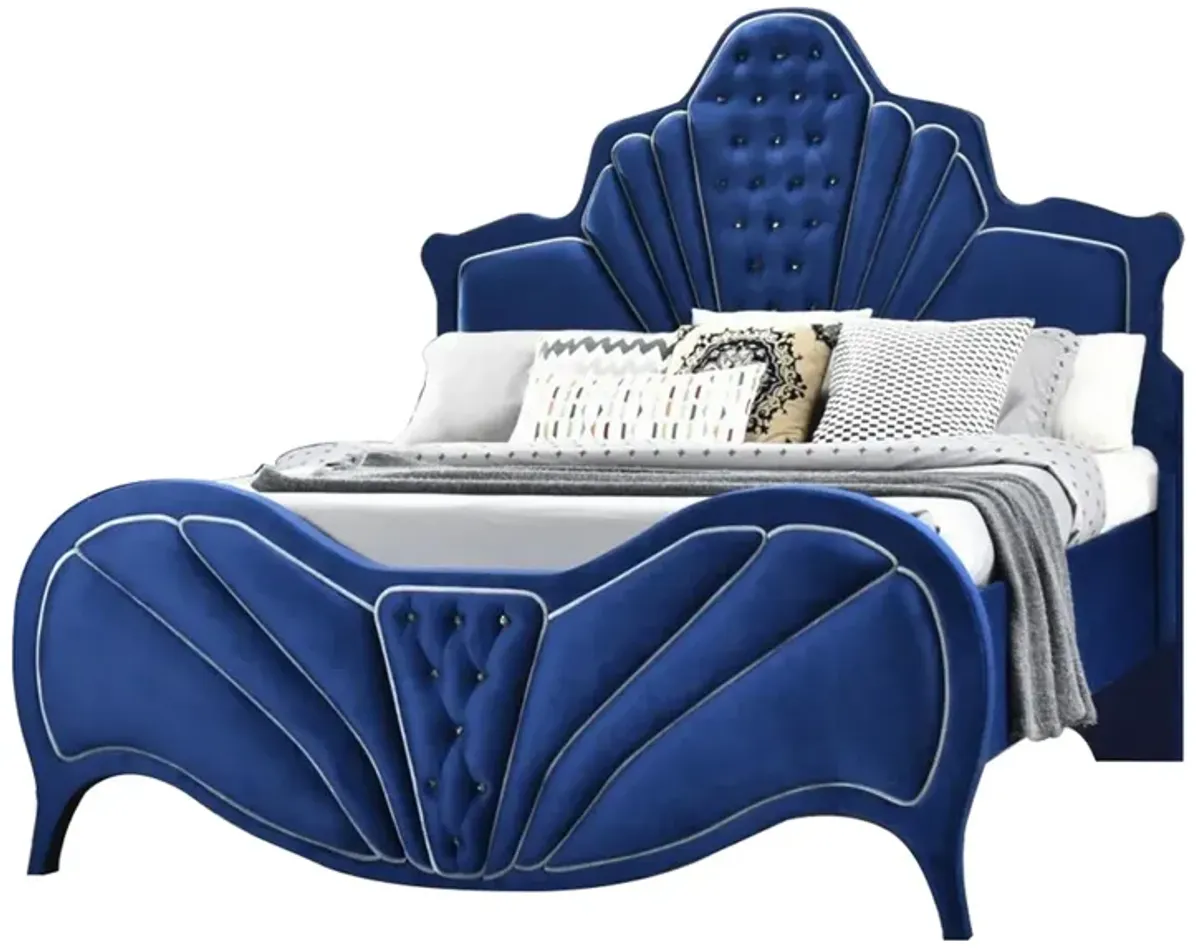 Modern Velvet Upholstered Channel Tufted Eastern King Bed, Blue - Benzara