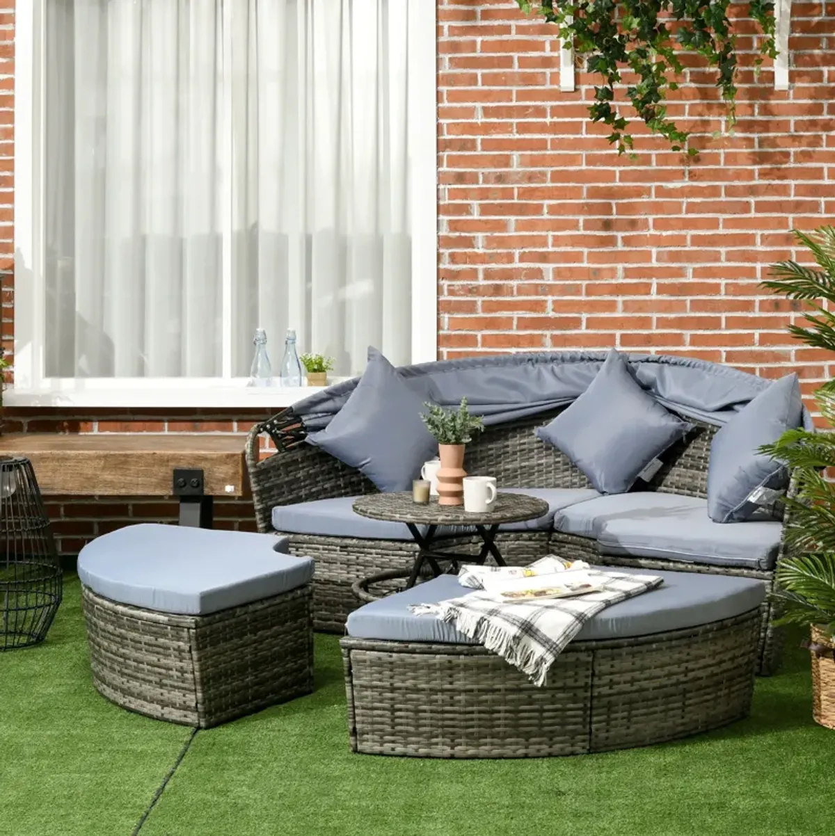 Versatile Patio Ensemble: 4pc Rattan Set with Convertible Daybed & Canopy