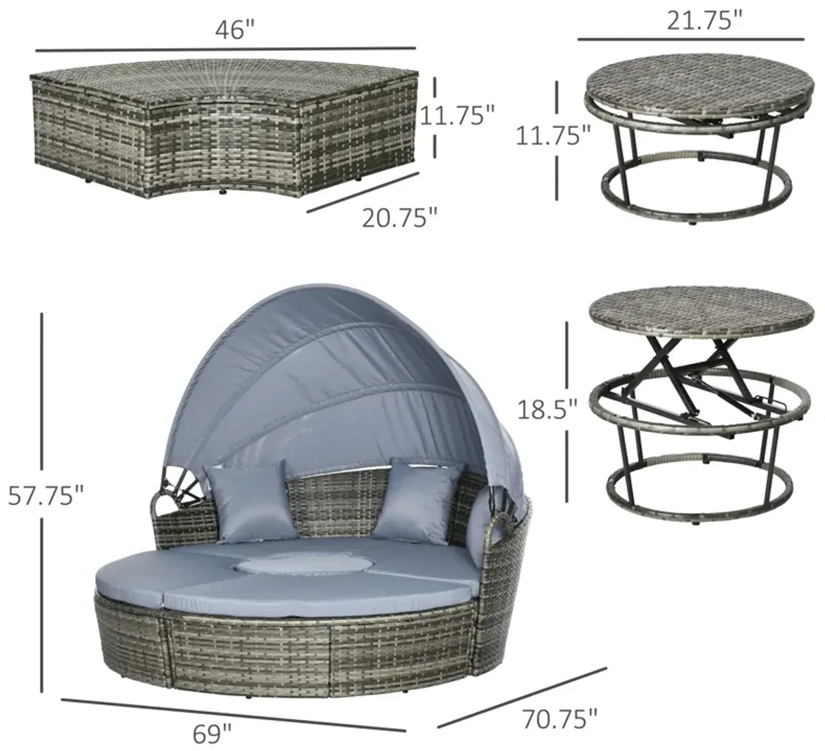 Versatile Patio Ensemble: 4pc Rattan Set with Convertible Daybed & Canopy