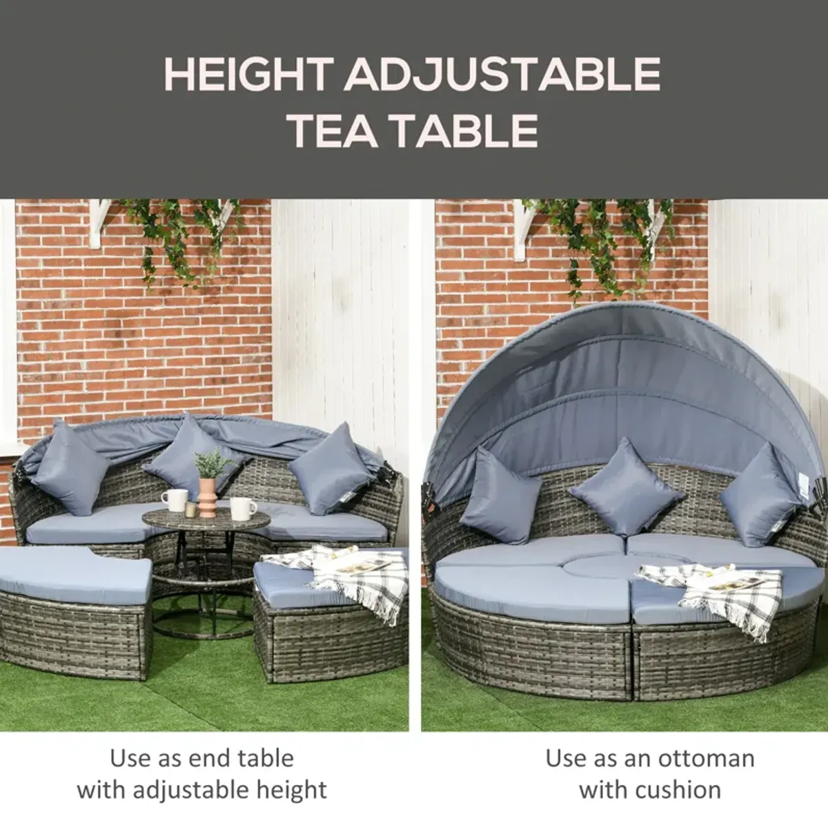 Versatile Patio Ensemble: 4pc Rattan Set with Convertible Daybed & Canopy