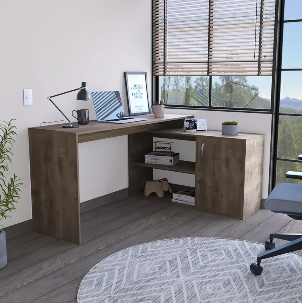 DEPOT E-SHOP Pearl L-Shaped Desk, Single Door Cabinet, Two Shelves, Dark Brown
