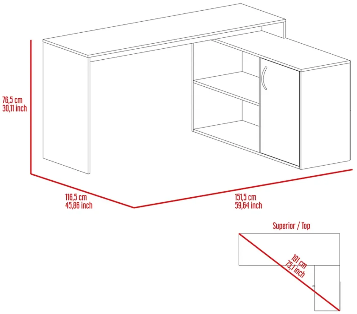 DEPOT E-SHOP Pearl L-Shaped Desk, Single Door Cabinet, Two Shelves, Dark Brown
