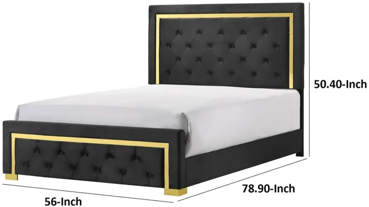 Robin Full Size Bed, Platform Base, Gold, Button Tufted Black Upholstery - Benzara