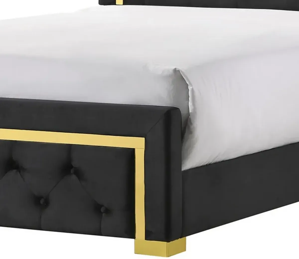 Robin Full Size Bed, Platform Base, Gold, Button Tufted Black Upholstery - Benzara