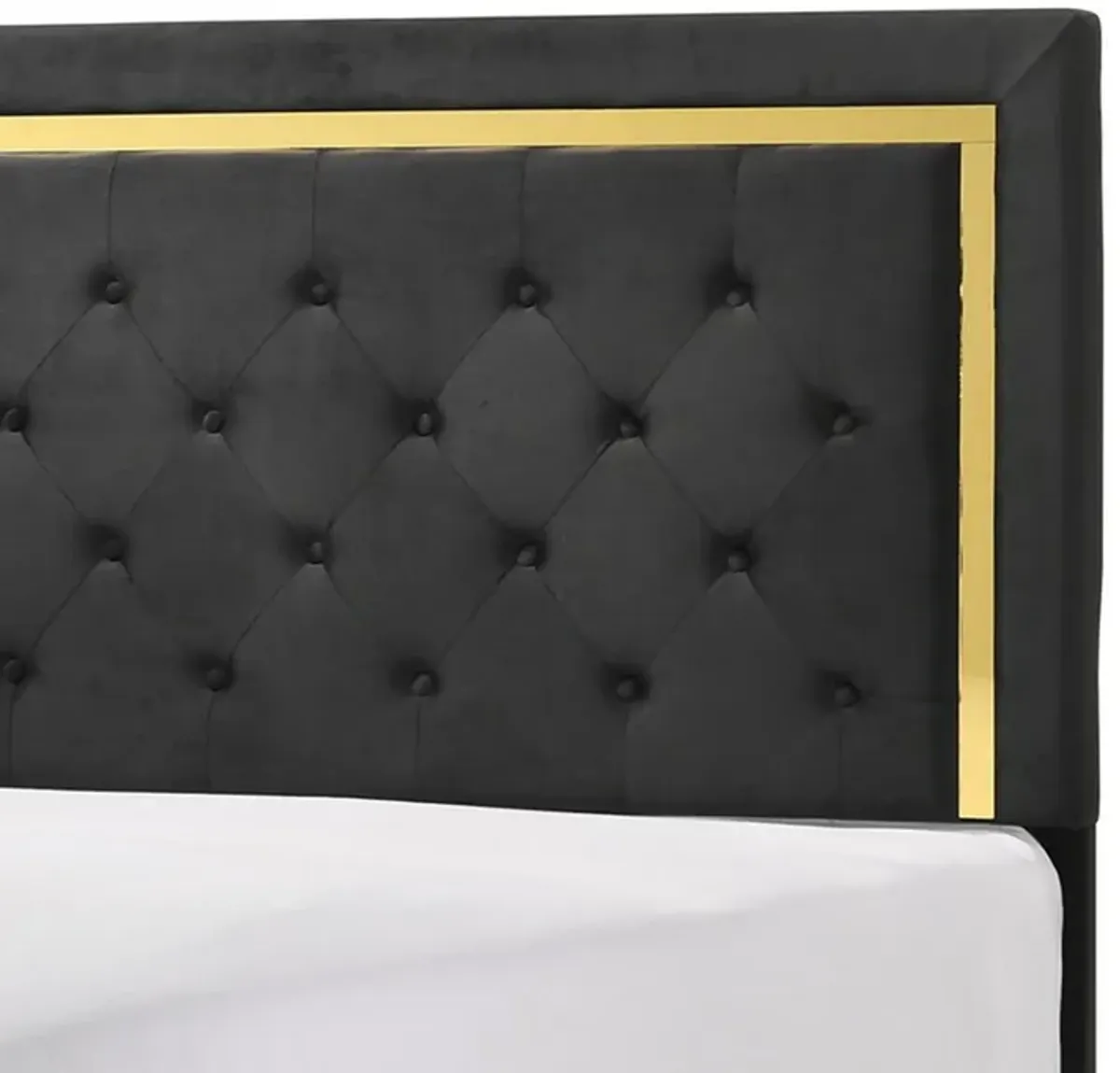 Robin Full Size Bed, Platform Base, Gold, Button Tufted Black Upholstery - Benzara