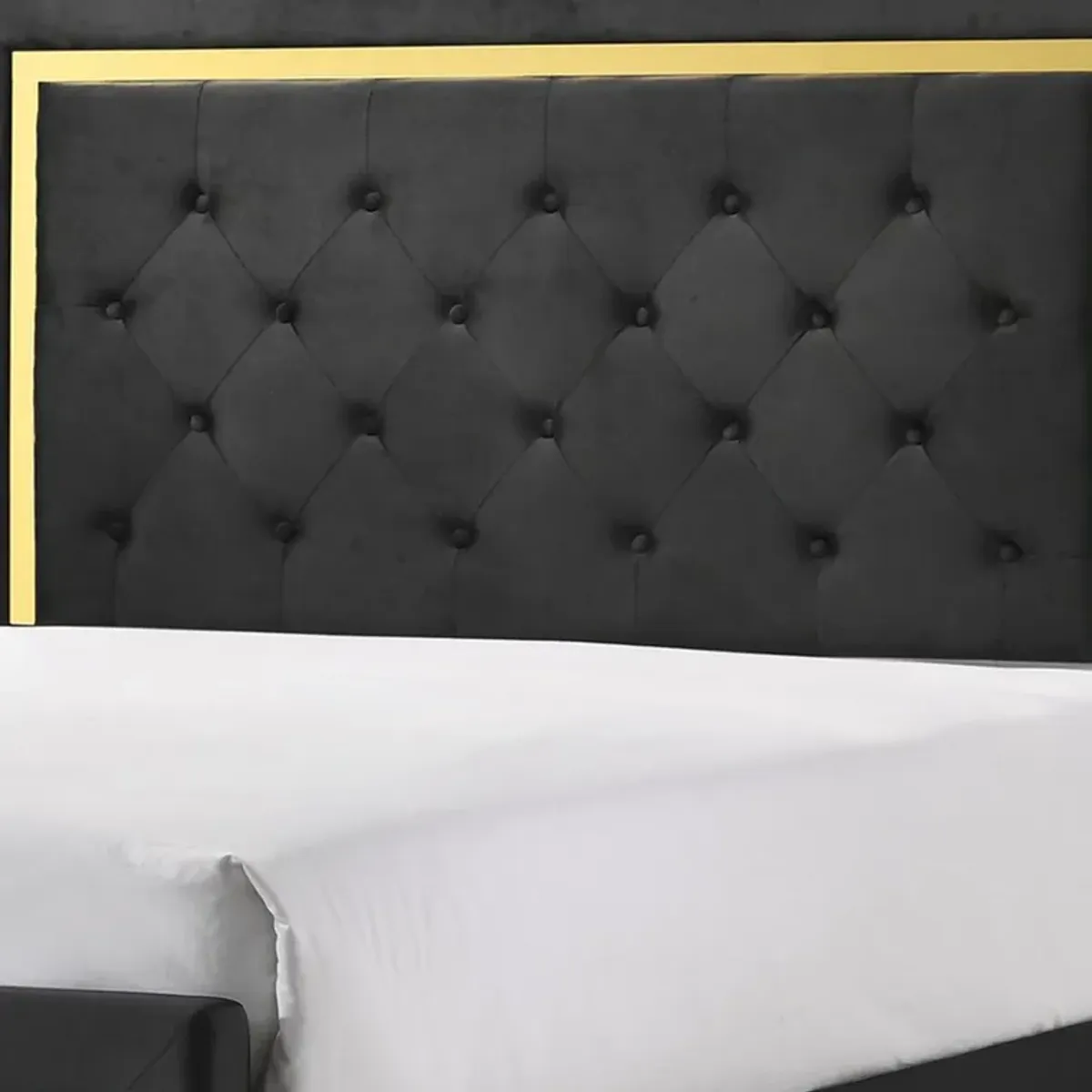 Robin Full Size Bed, Platform Base, Gold, Button Tufted Black Upholstery - Benzara