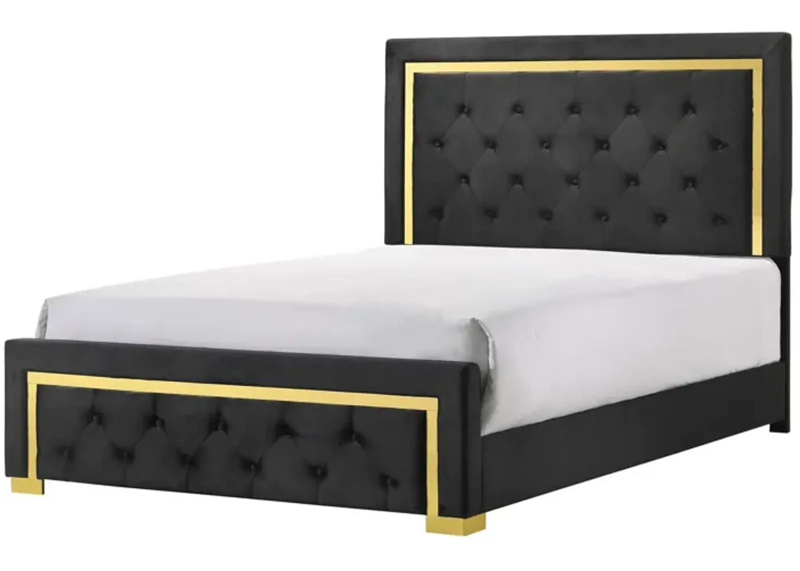 Robin Full Size Bed, Platform Base, Gold, Button Tufted Black Upholstery - Benzara