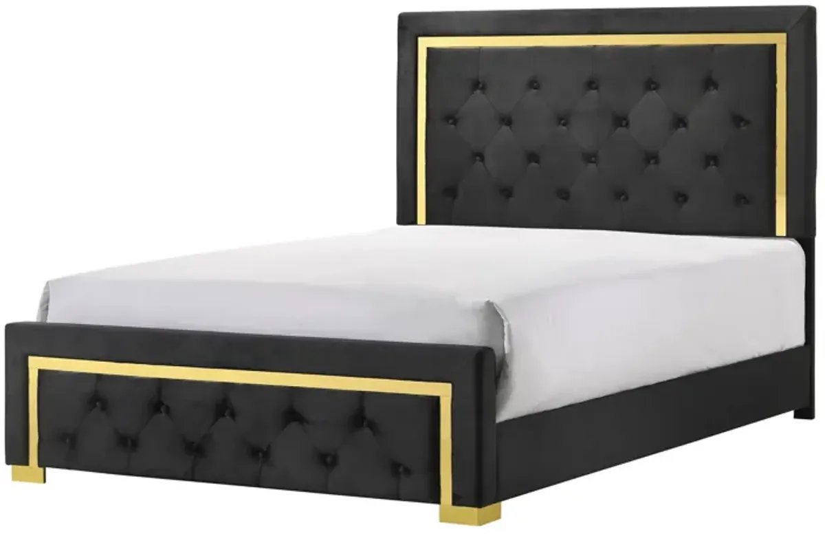 Robin Full Size Bed, Platform Base, Gold, Button Tufted Black Upholstery - Benzara