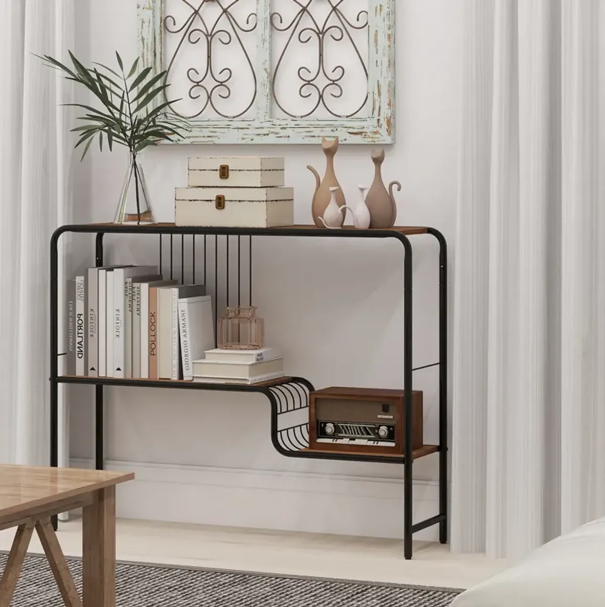 Console Table with Storage Shelf and Metal Frame for Living Room